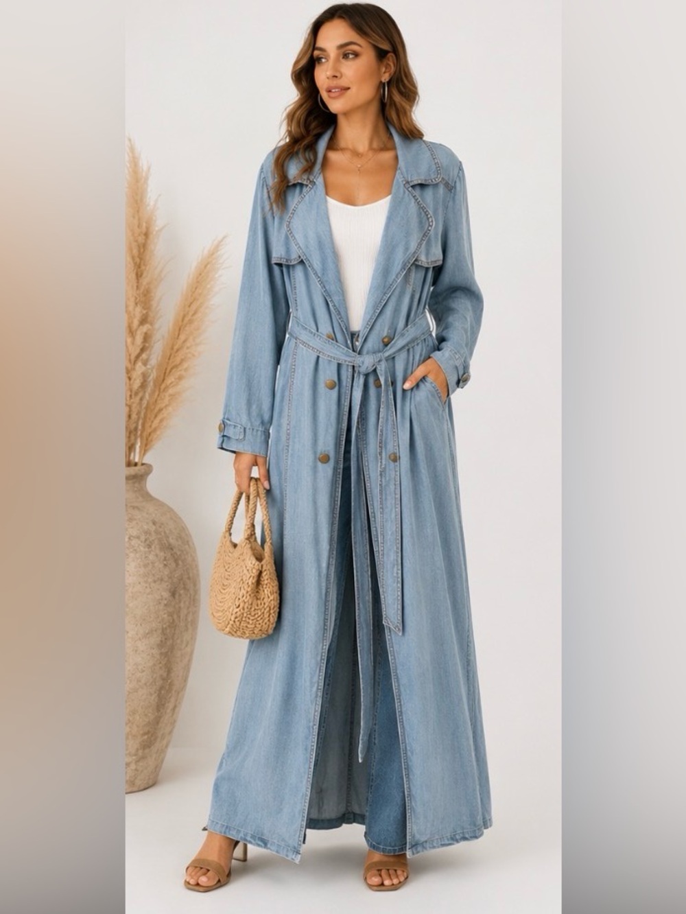 Melrose With Love Chambray Denim Maxi Trench Duster Coat Belted S